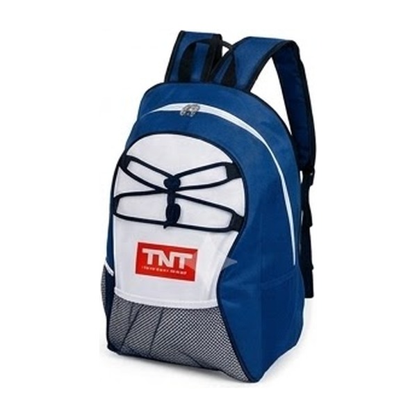 Mochila esportiva azul com elástico frontal e logo aplicado