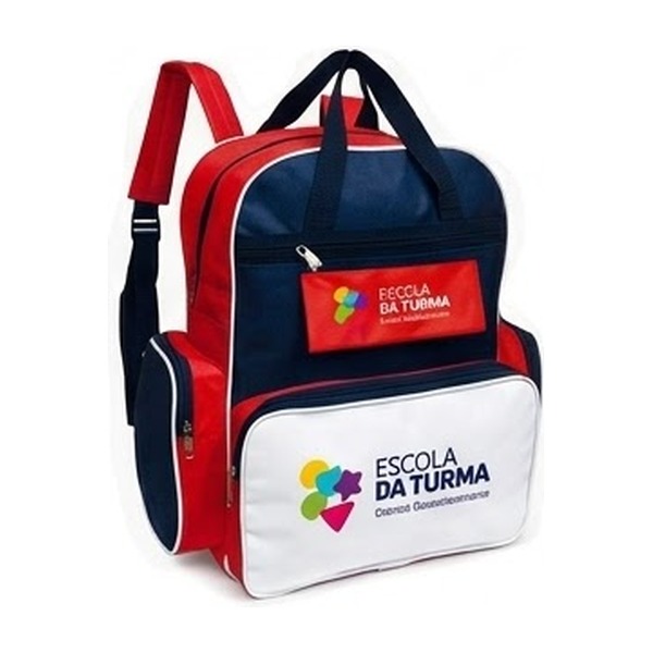 Mochila escolar personalizada azul, vermelha e branca